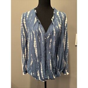 Knox Rose Womens Wrap Blouse Bell Long Sleeve‎ Large Blue Tie Dye